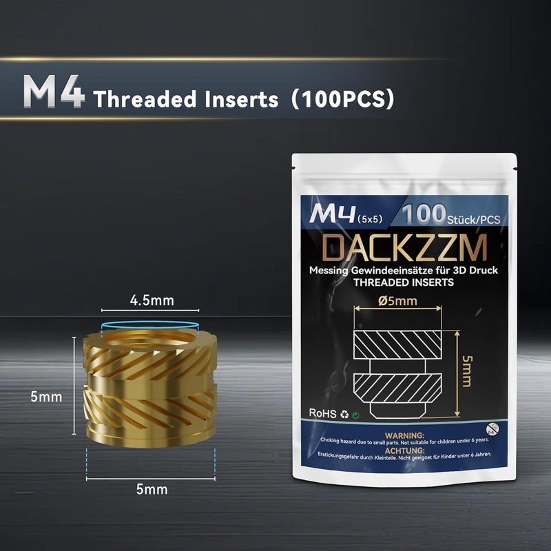DACKZZM M4 Heat Set Insert, Threaded Inserts for Plastic and 3D Printing (100 Pieces), Brass Metric Knurled Nuts - Insert by Heat into Plastic Parts - Image 3
